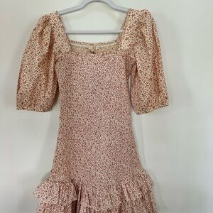 By TiMo Dress Womens Small Cream Pink Mini Ditsy Floral Smocked Ruffle Twee Boho